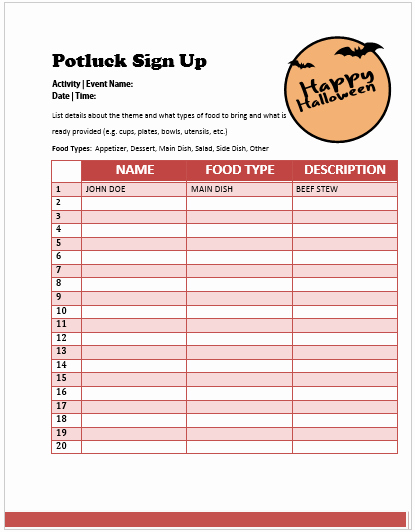 Halloween Potluck Sign Up Sheet Elegant Halloween Potluck Sign Up Sheet Printable – Festival