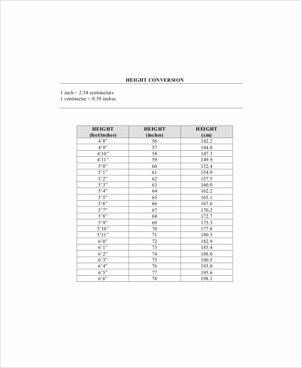 Height and Weight Chart 2016 Lovely 7 Height and Weight Conversion Chart Templates Free