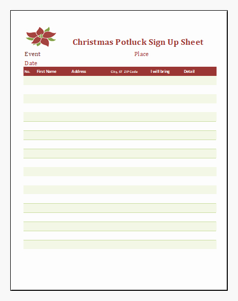 Holiday Potluck Signup Sheet Template Lovely Christmas Potluck Signup Sheet Templates