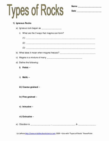Igneous Rock Worksheet Inspirational Types Of Rocks Worksheet for 6th 8th Grade