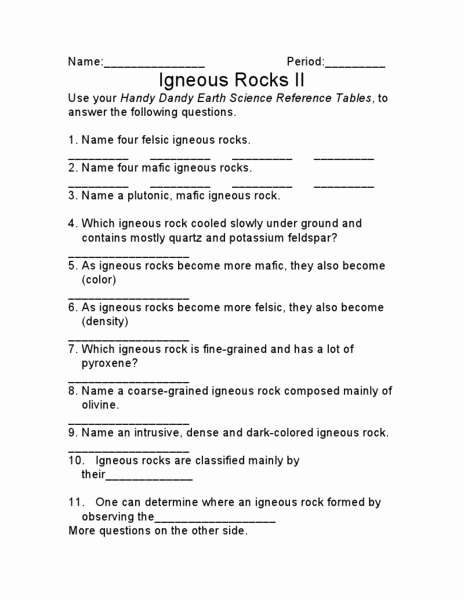 Igneous Rock Worksheet Lovely Igneous Rock Ii Worksheet for 7th 9th Grade