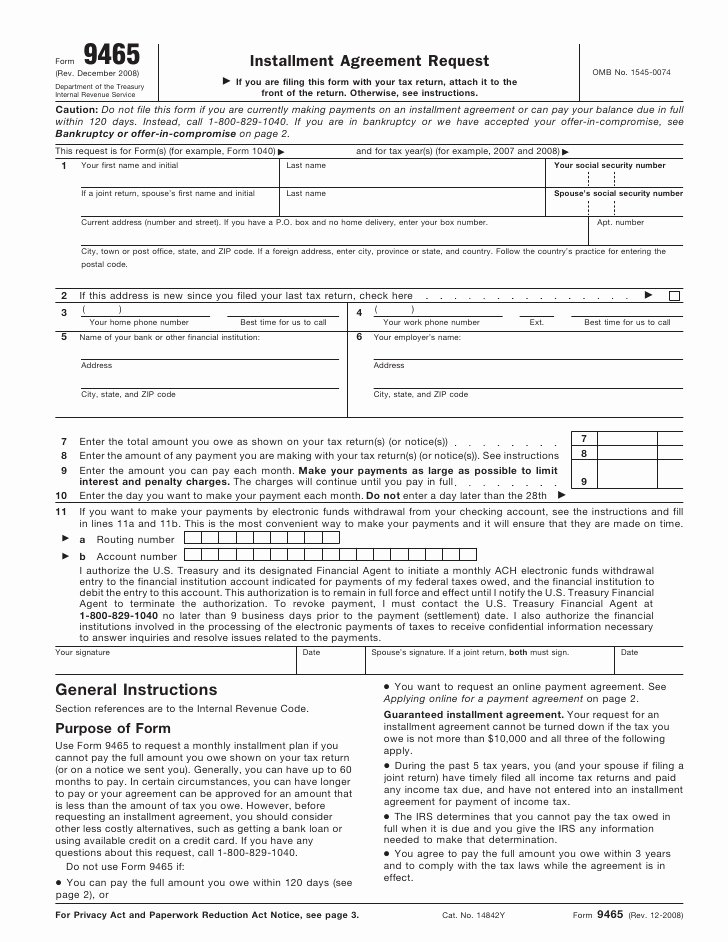 Installment Payment Agreement Luxury form 9465 Installment Agreement Request
