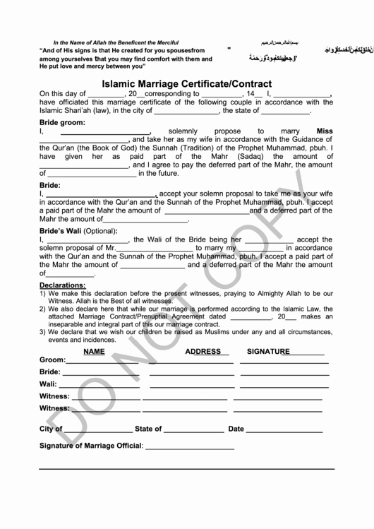 Islamic Marriage Certificate Template Elegant islamic Marriage Certificate Contract Printable Pdf