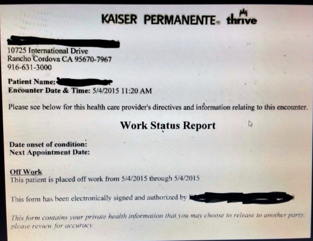 Kaiser Doctor Note Unique Work Status Report Note and Ada Protection Disability Law