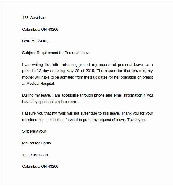 Leave Of Absence Letter for Personal Reasons New Leave Of Absence Letter 8 Download Free Documents In