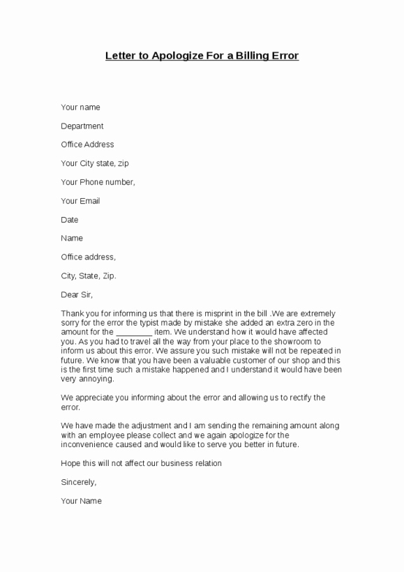 Letter for Explanation Of Mistake Made Beautiful Billing Error Letter