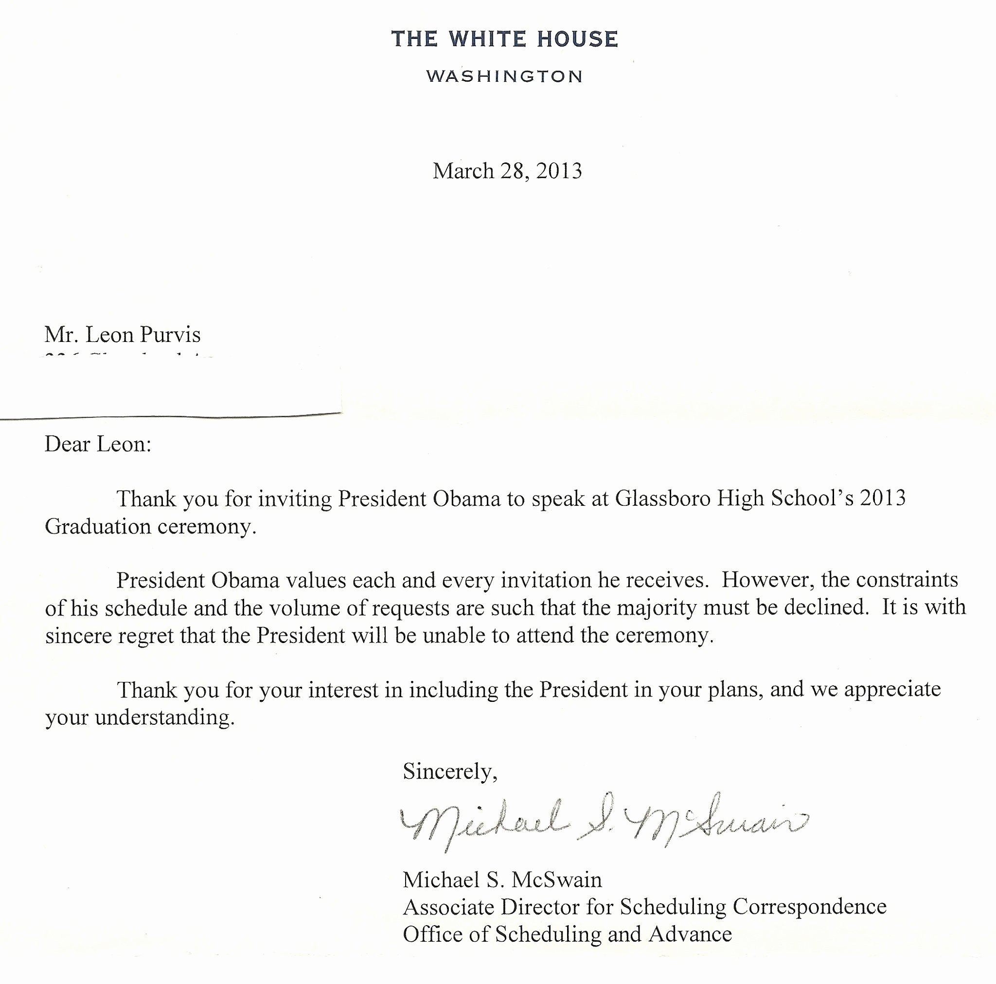 Letter Of Graduation Lovely White House Responds to Glassboro Teen S Request to Host