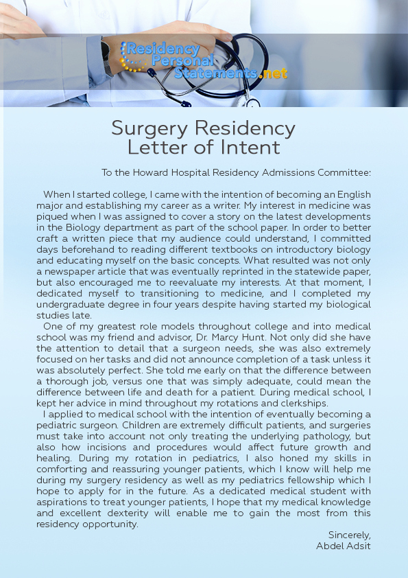 Letter Of Intent Residency Example Luxury Winning Surgery Letter Of Intent
