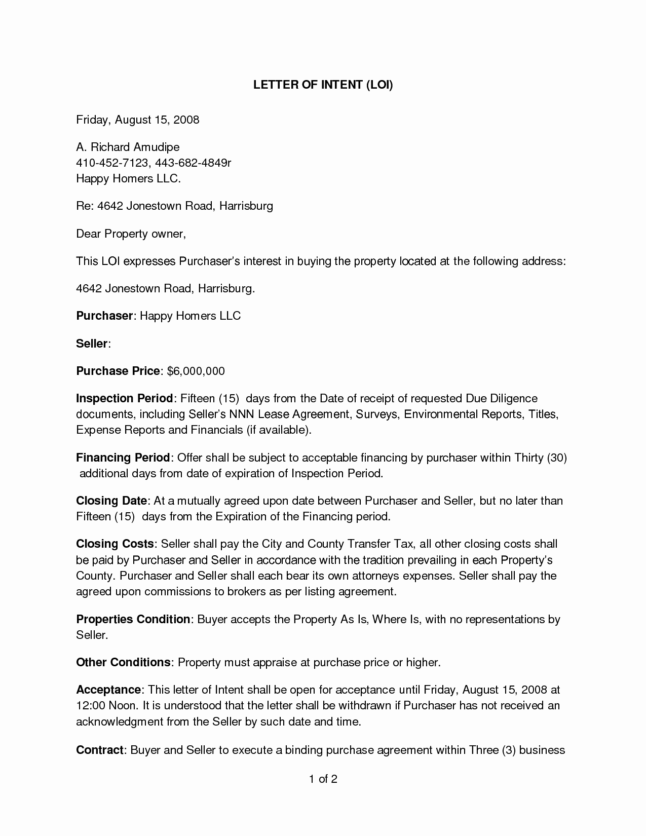 Letter Of Intent to Purchase Real Estate Unique Sample Letter Intent to Purchase Real Estate Free