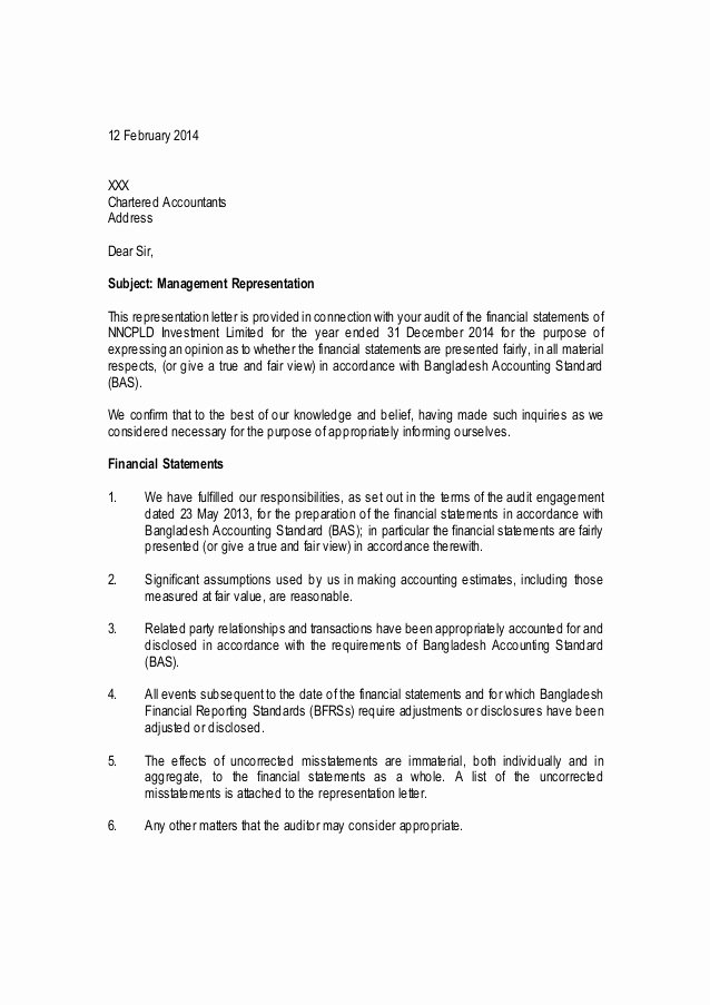 Letter Of Representation Elegant Management Representation Letter Sample Public Limited