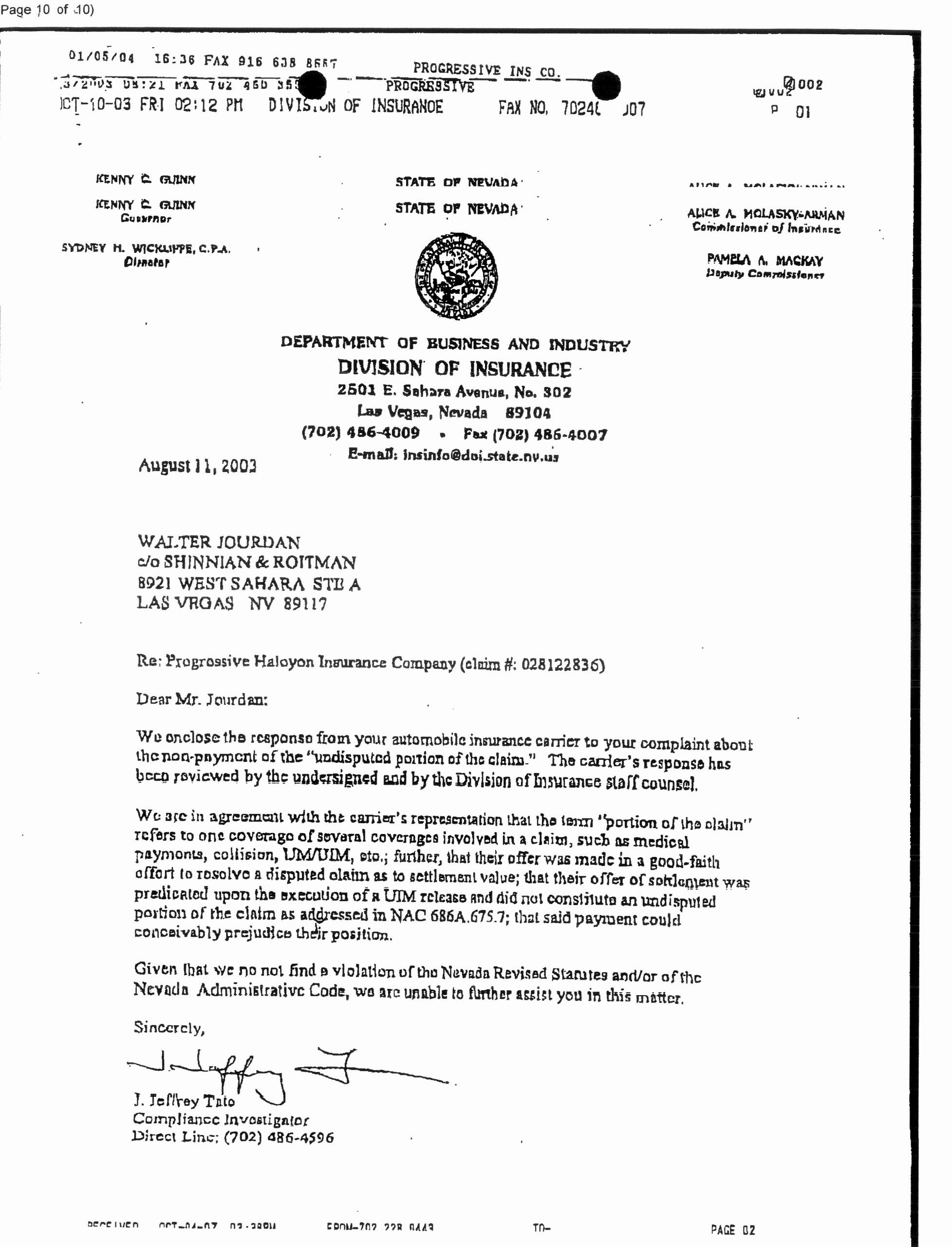 Letter Of Representation New Nevada Division Of Insurance Letter Re Progressive