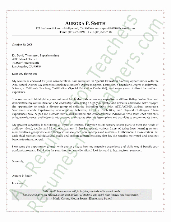 Letters Of Interest Education Lovely Special Education Cover Letter Sample
