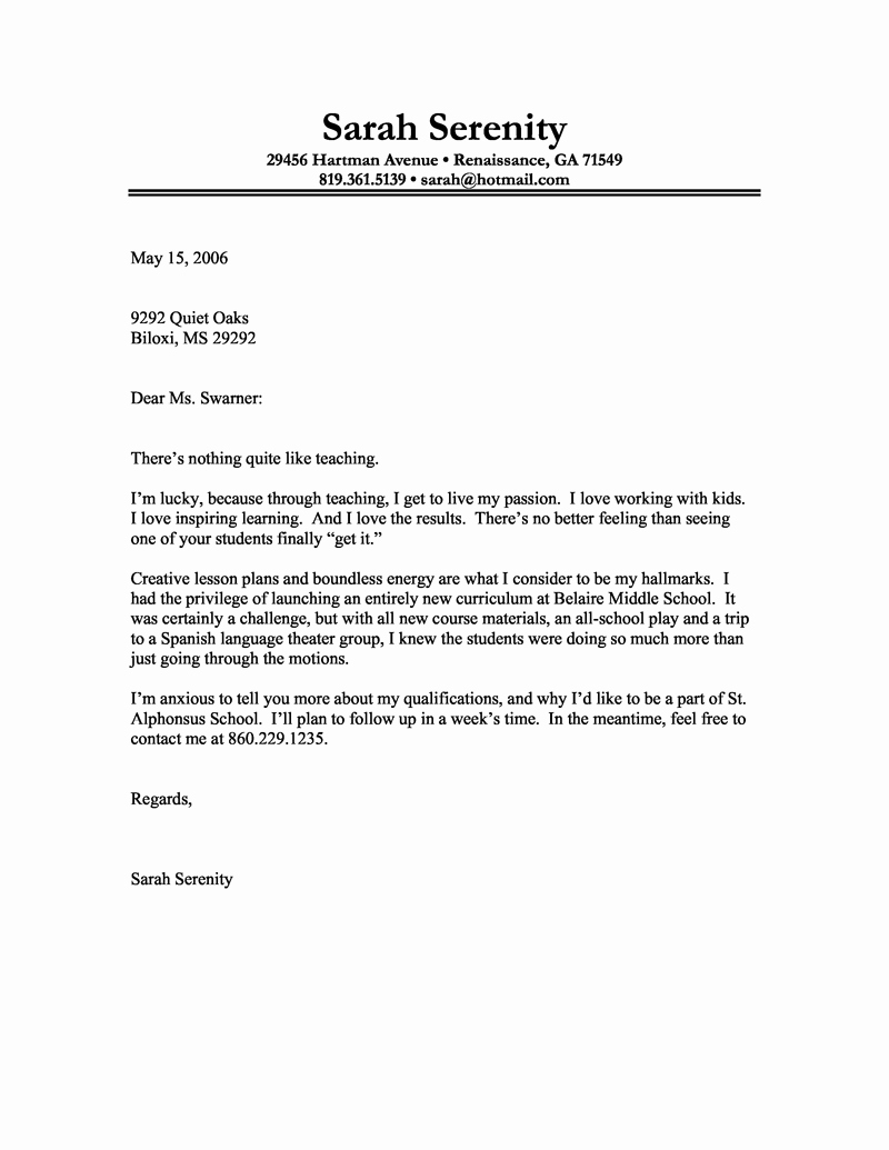 Letters Of Interest for Teaching Beautiful Cover Letter Example Of A Teacher with A Passion for