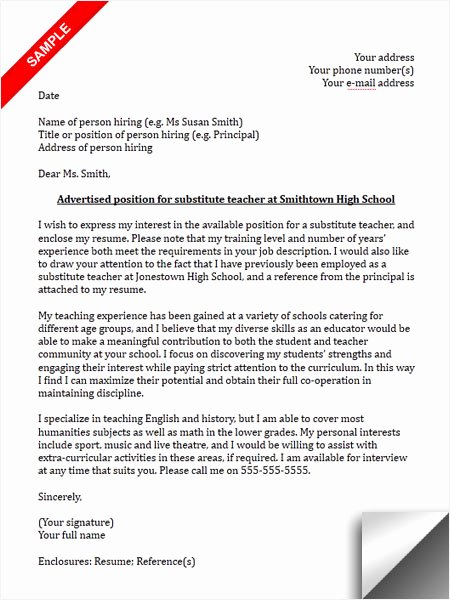 Letters Of Interest for Teaching Best Of Substitute Teacher Cover Letter Sample