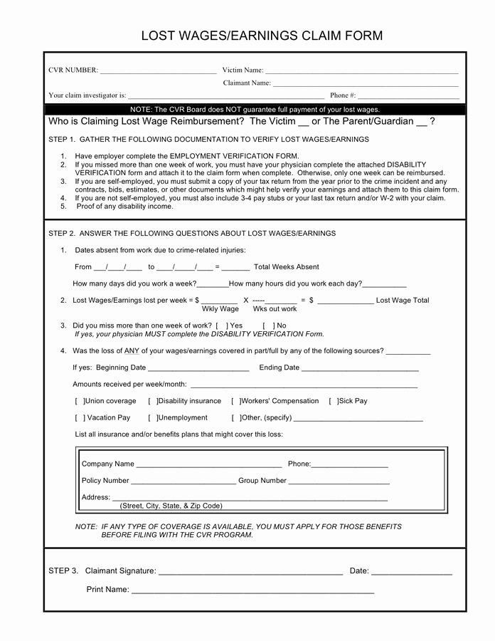 Lost Wages form Template Lovely Lost Wages Earnings Claim form In Word and Pdf formats