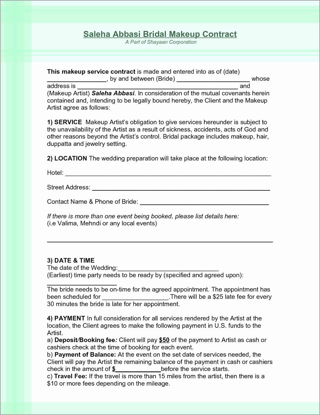 Makeup Artist Contract Pdf New New Makeup Artist Contract Template Free
