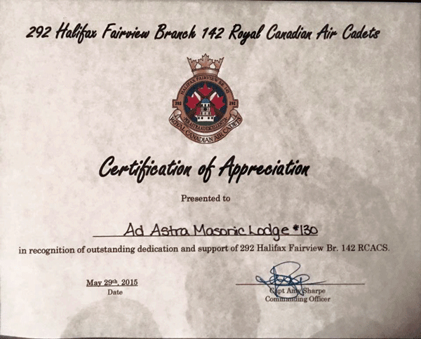 Masonic Certificate Of Appreciation Lovely Ad astra Lodge 130 292 Rcac Squadron