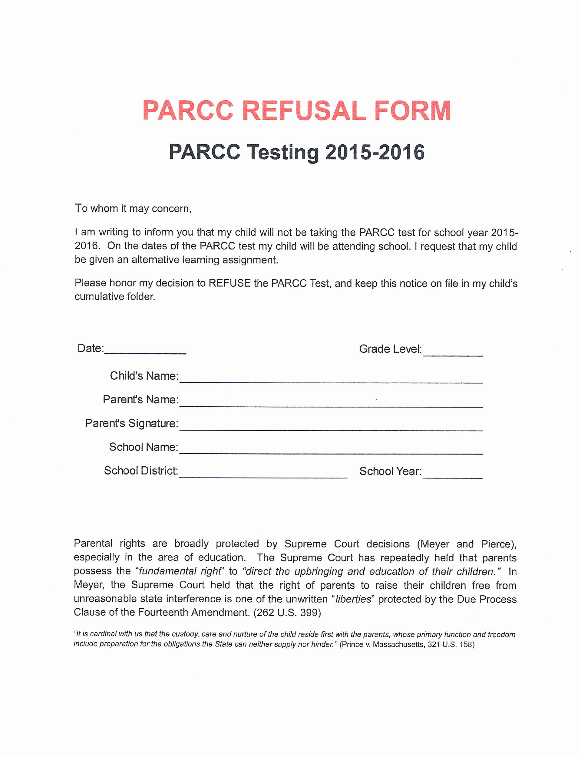 Medical Treatment Refusal form Template New form or Letter Another Reason to Refuse Parcc Testing