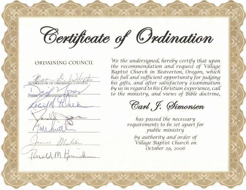 Minister ordination Certificate Template New Carl Simonsen S Pastoral Support Ministry