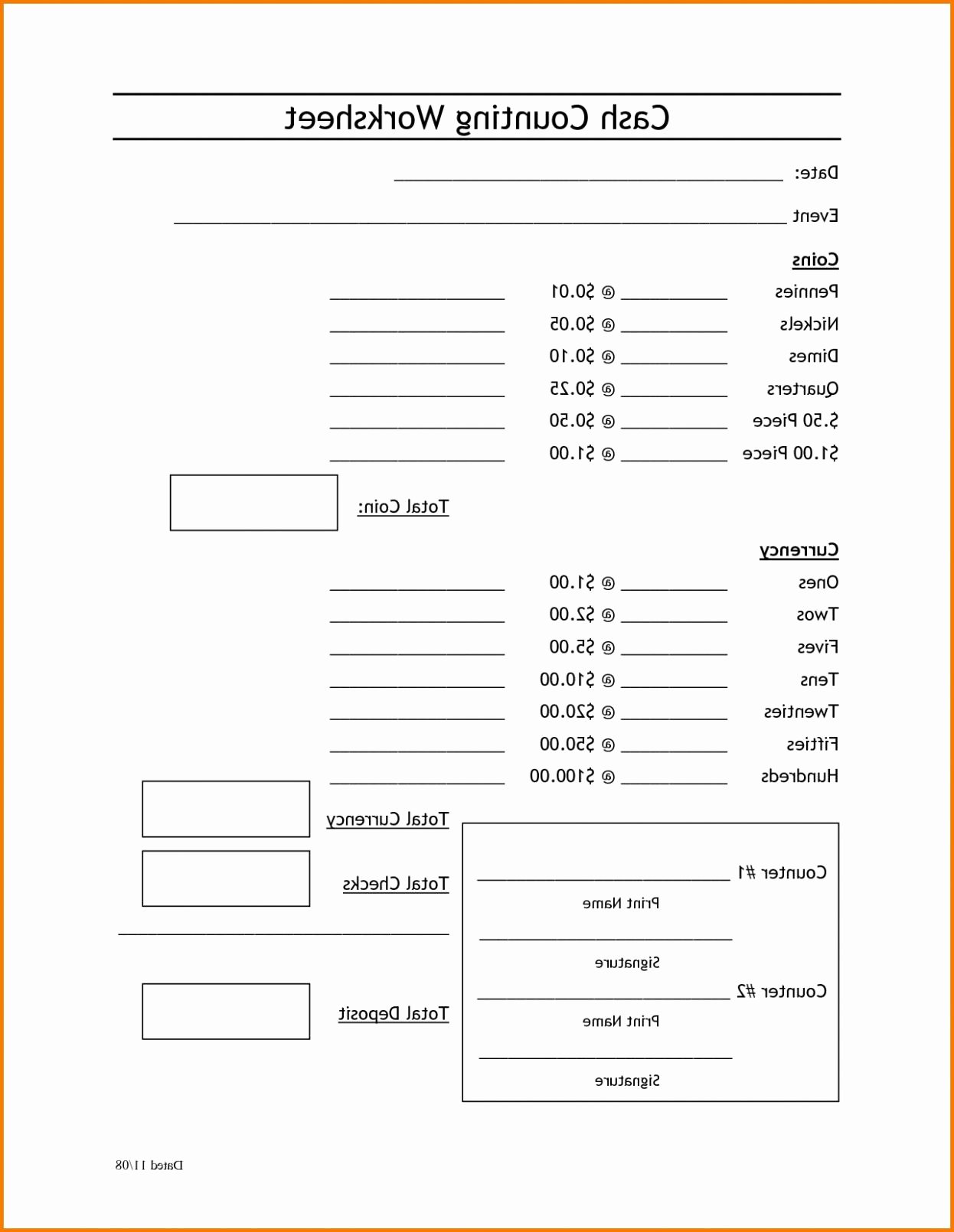 Printable Cash Drawer Count Sheet Excel Templates
