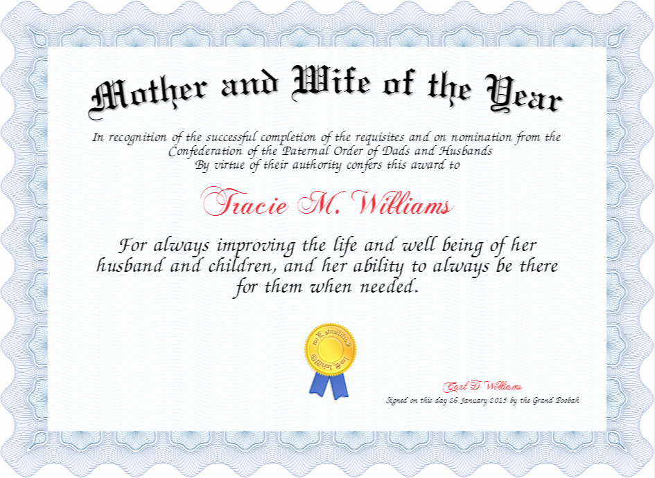 Mother Of the Year Certificate Beautiful Mother and Wife Of the Year Certificate