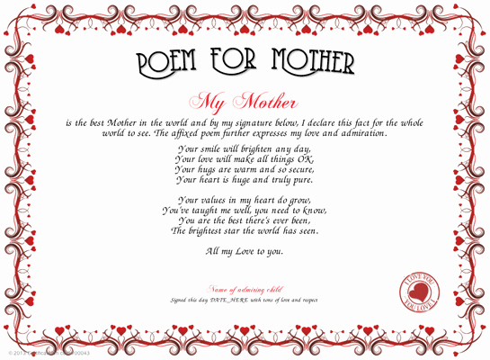 Mother Of the Year Certificate Unique Poem for Mother