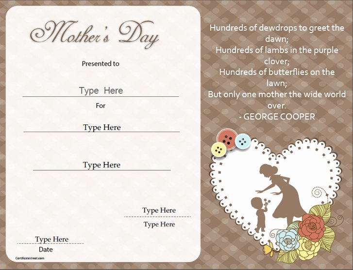 Mothers Day Certificate Template Beautiful Special Certificates Mother S Day Special