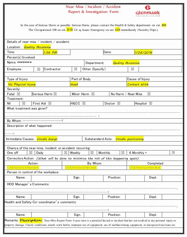 Near Miss Reporting Template Inspirational Near Miss Incident Accident Report &amp; Investigation form