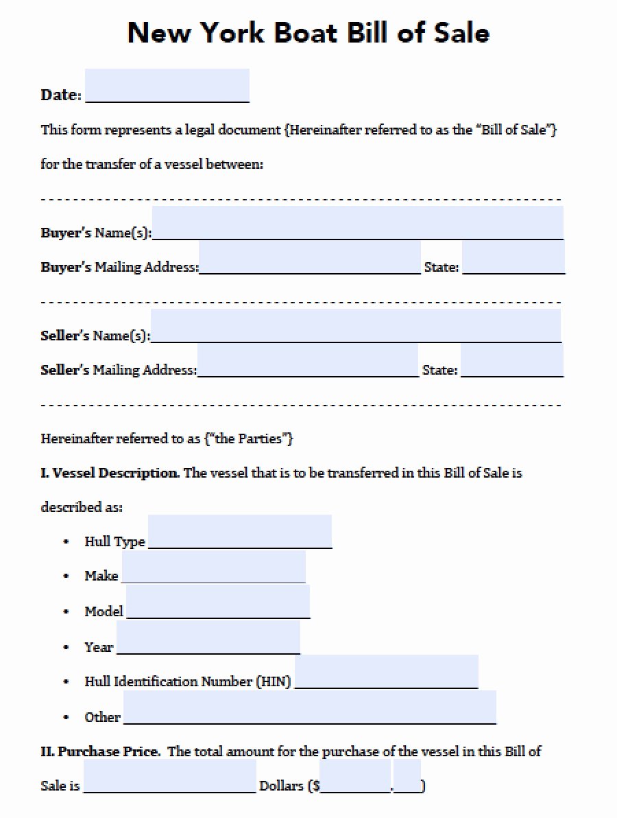 New York State Bill Of Sale form Unique Free New York Boat Bill Of Sale form Pdf