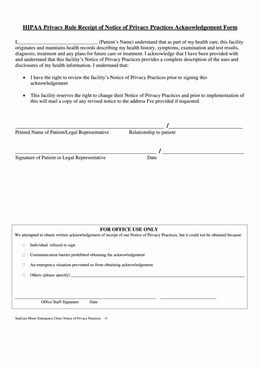 Notice Of Privacy Practices Acknowledgement form Elegant Hipaa Privacy Rule Receipt Notice Privacy Practices