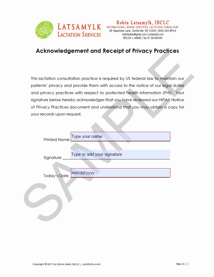 Notice Of Privacy Practices Acknowledgement form Fresh Hipaa Privacy Practices Receipt form—fillable format