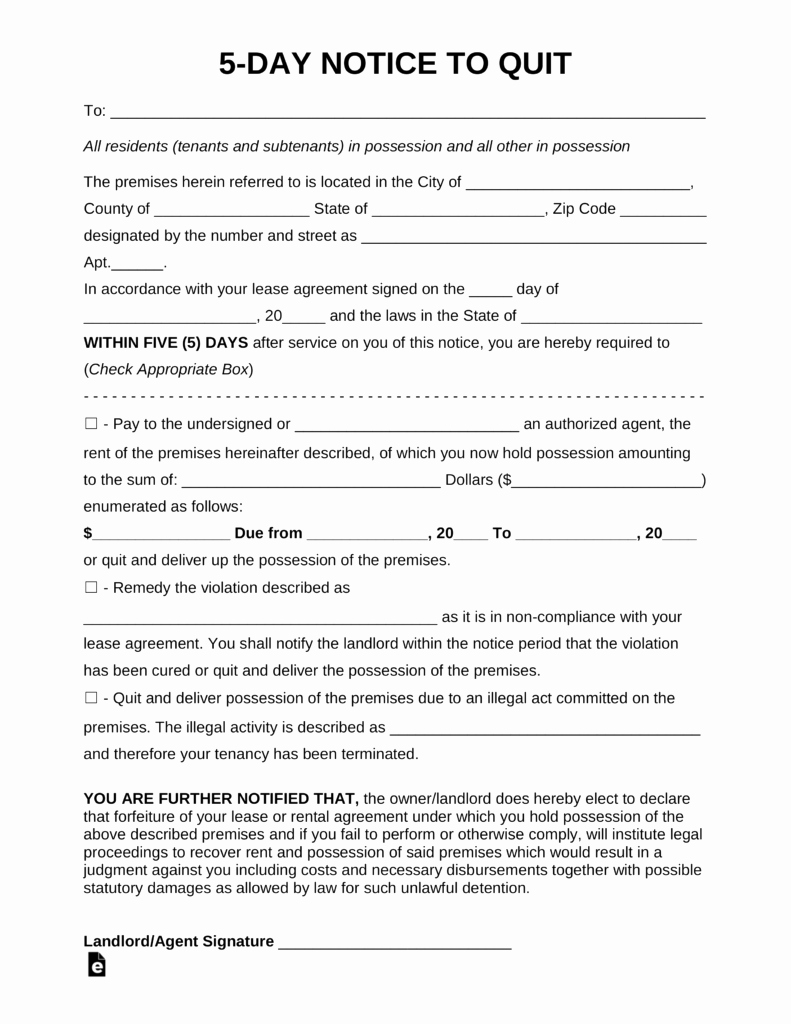 Notice to Quit form Pa Lovely Free Five 5 Day Eviction Notice Template Pdf