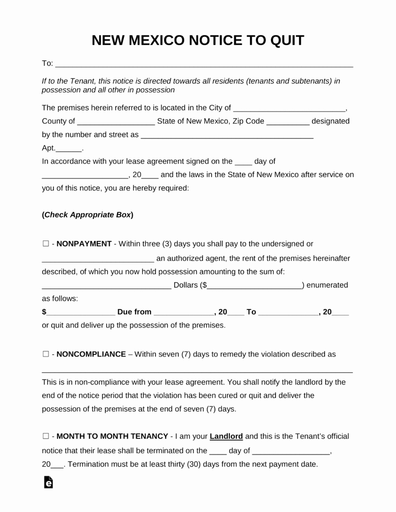 Notice to Quit form Pa Lovely Free New Mexico Eviction Notice forms