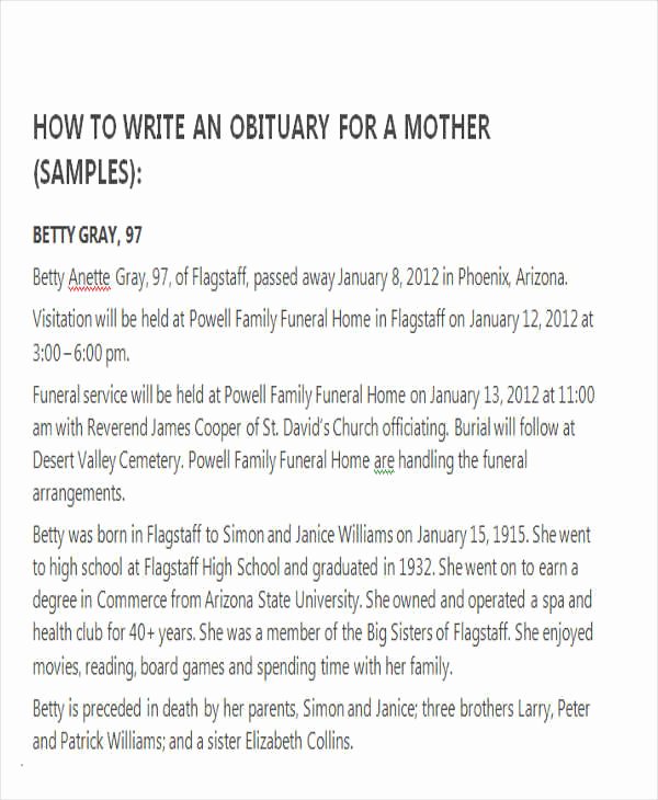 Obituary Examples for Mother New Sample Obituary for Mother