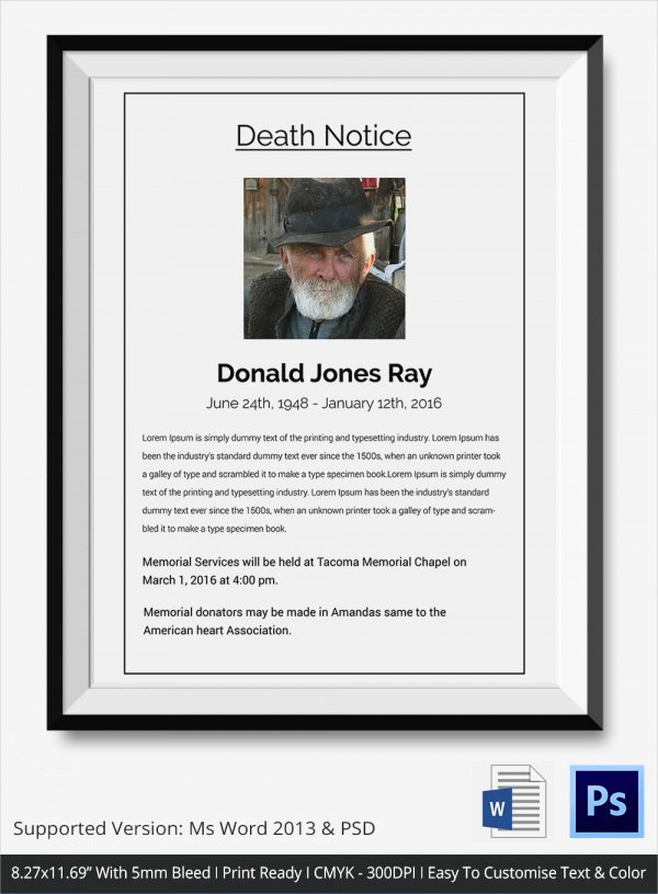 Obituary Notice Example New Sample Death Notice 14 Documents In Pdf Psd Word