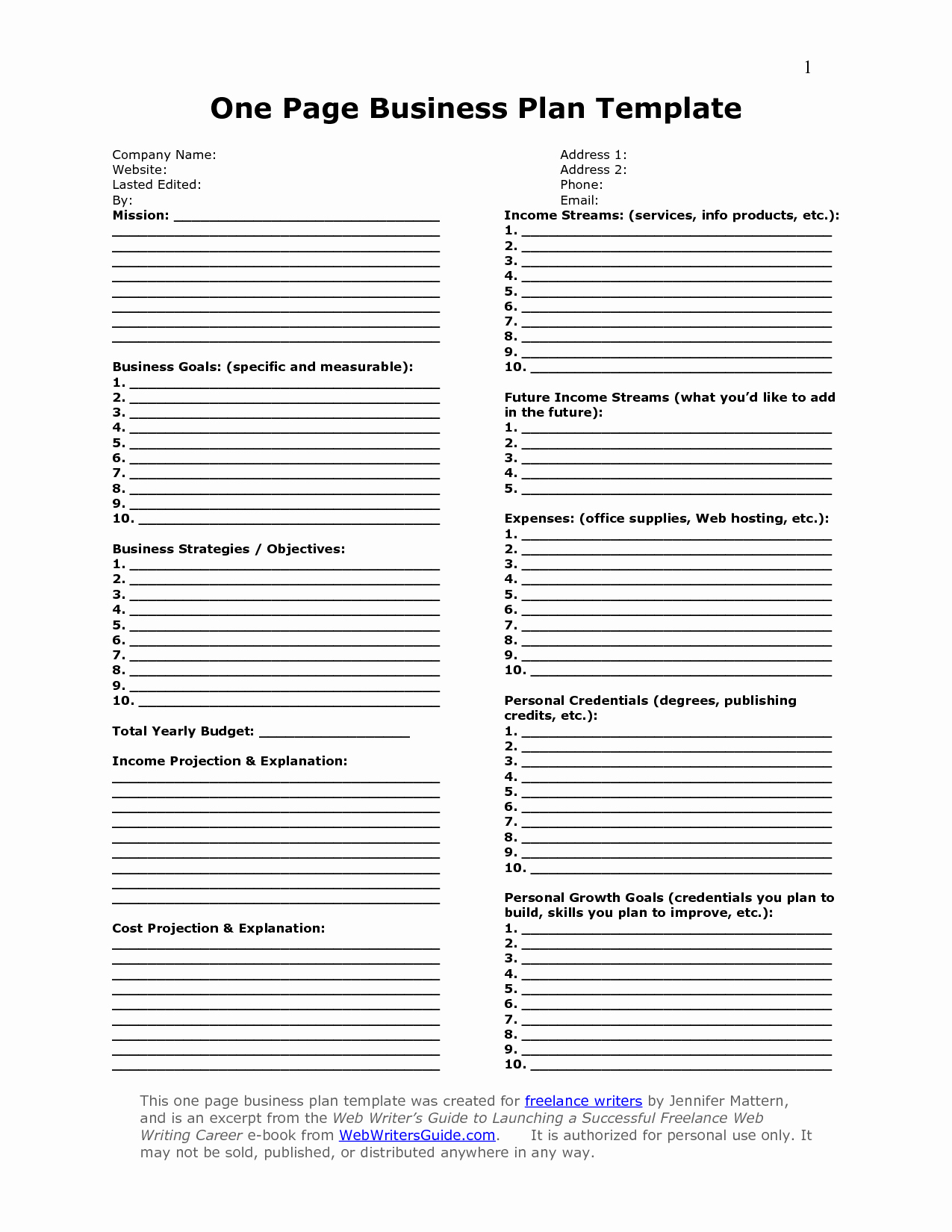 One Page Proposal Template Doc Elegant E Page Business Plan Template