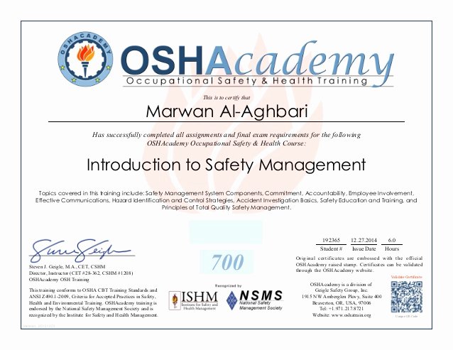 Osha 10 Certificate Template Awesome Oshacademy Introduction to Safety Management Certificate