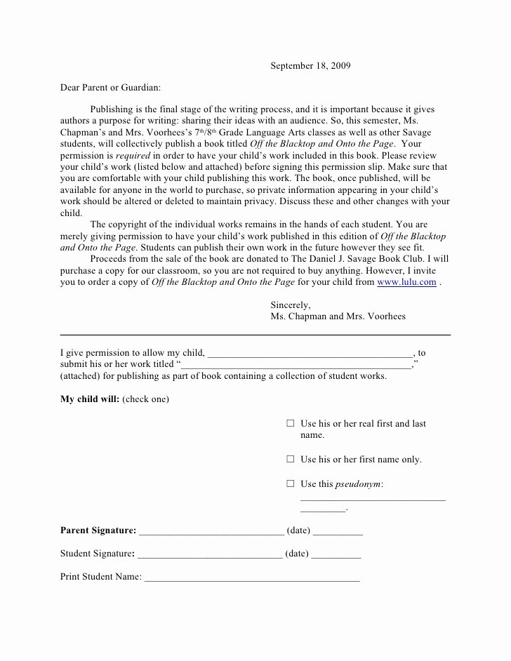 Parental Consent form for Work Inspirational Line Publishing Permission Slip to Parents