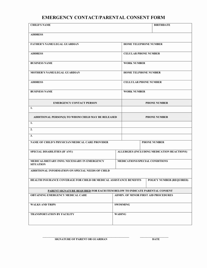 Parental Consent form for Work New Emergency Contact Parental Consent form In Word and Pdf