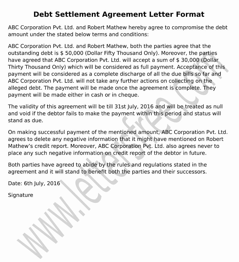 Payment Settlement Letter Awesome Sample Agreement Letter for Debt Settlement Free Letters