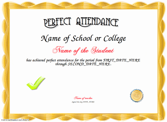 Perfect attendance Award Certificate Fresh Perfect attendance