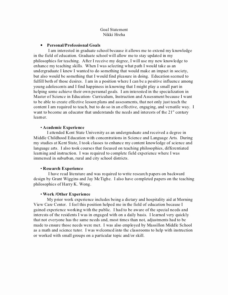 Personal Goal Statement New Writing A Personal Goal Statement for Graduate School