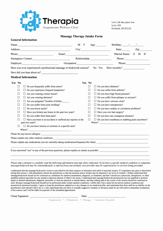Physical therapy Intake form Template Elegant Massage therapy Intake form Printable Pdf