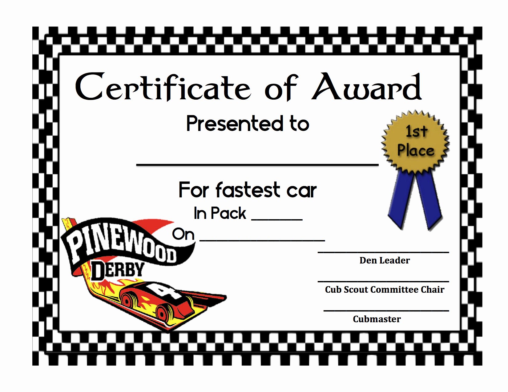 Pinewood Derby Certificate Template New Pinewood Derby Award Certificate Template