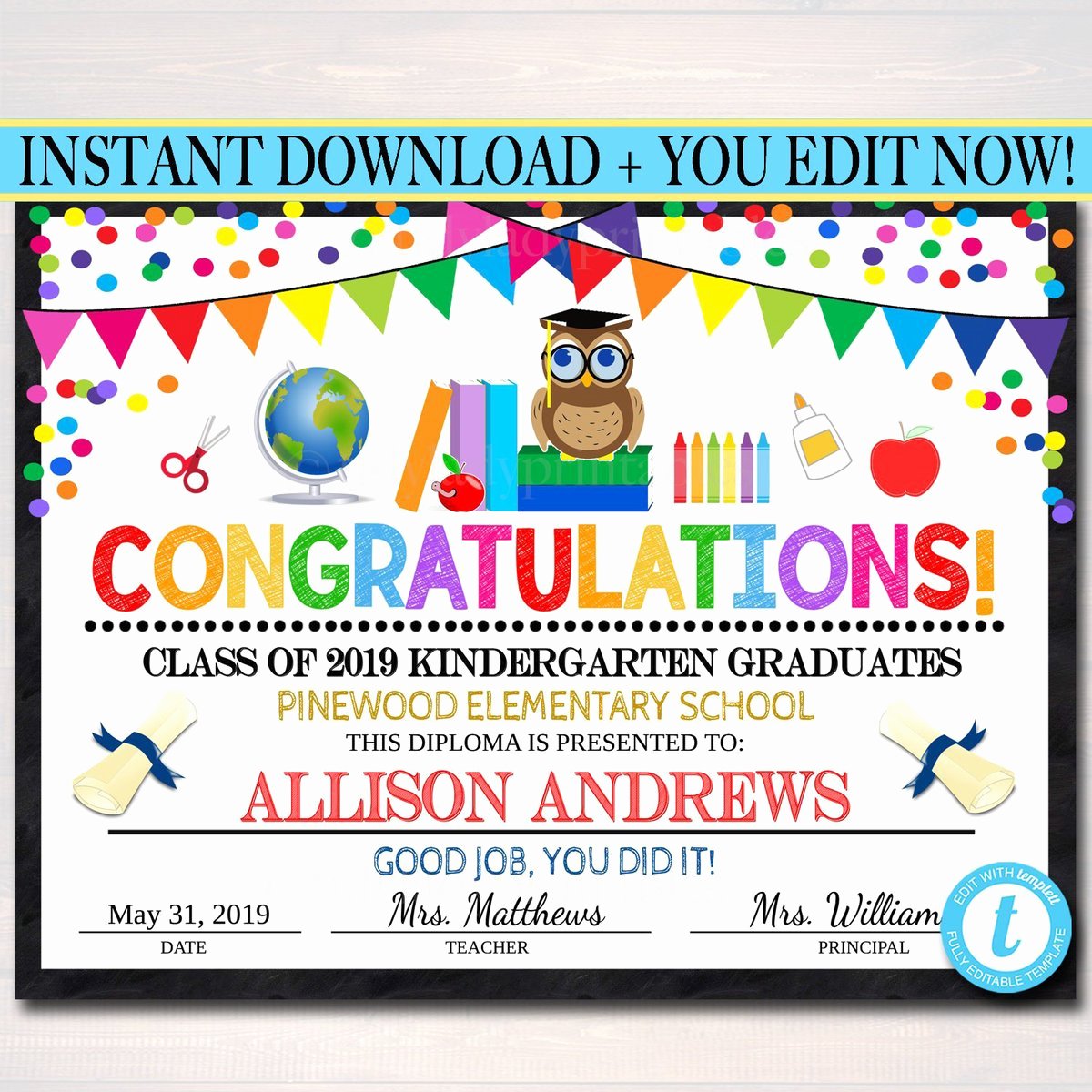 Preschool Awards for Graduation Elegant Editable Graduation Certificate Any Grade Printable