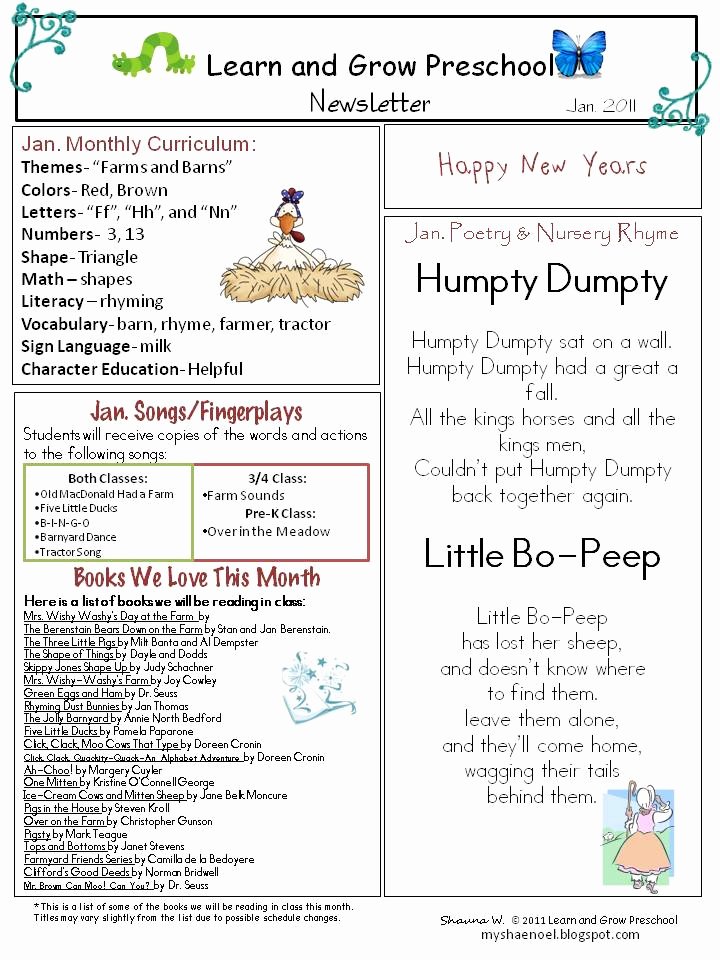 Preschool Weekly Newsletter Templates Fresh Learn and Grow Designs Website January Preschool