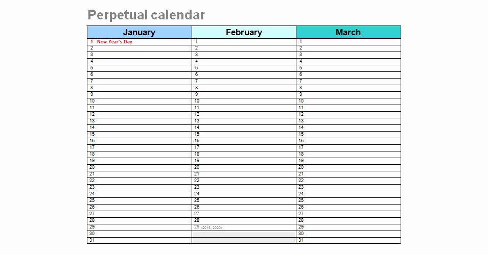 Printable Perpetual Calendar Chart Fresh Printable Perpetual Birthday Calendar Template