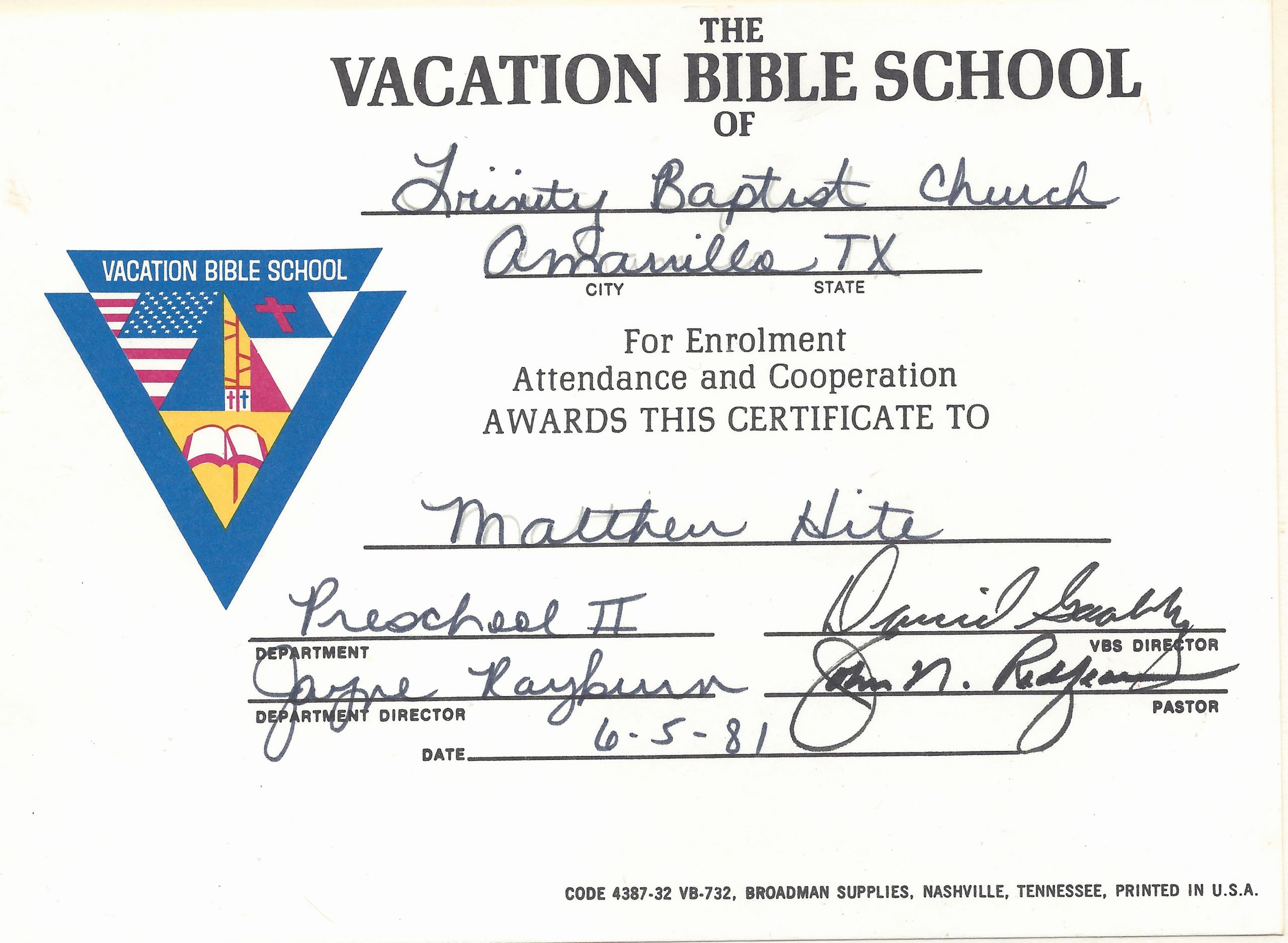 Printable Vacation Bible School Certificates New Trinity Baptist Church – Matthew Walter Hite Amarillo Texas