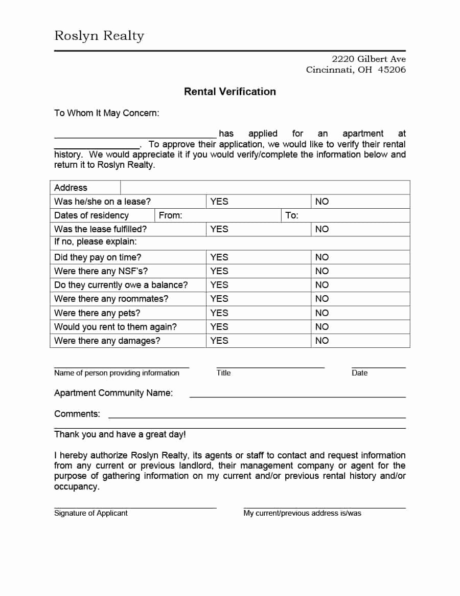 Proof Of Rental History Letter Lovely 29 Rental Verification forms for Landlord or Tenant