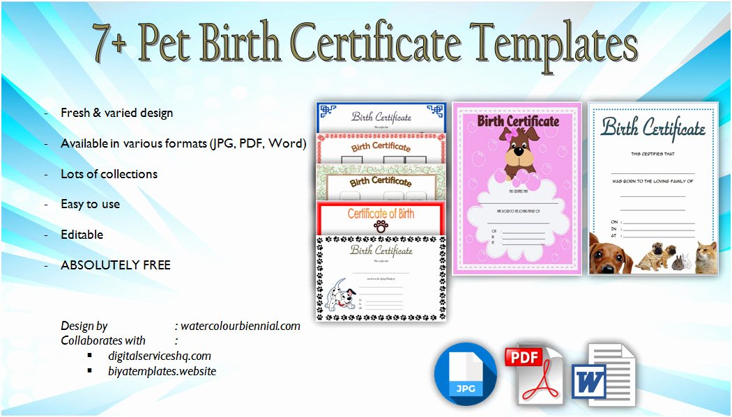 Puppy Birth Certificate Template Free Lovely Pet Birth Certificate Templates Fillable [7 Best Designs